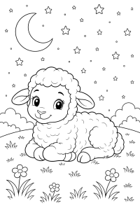 Cordeiro deitado numa noite estrelada, desenho para colorir
