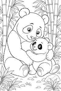 Mãe panda a abraçar o filhote, desenho para colorir