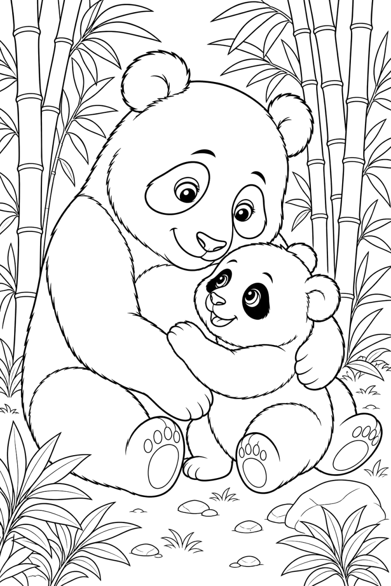 Mãe panda a abraçar o filhote, desenho para colorir