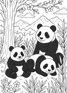 Família de pandas na floresta, desenho para colorir