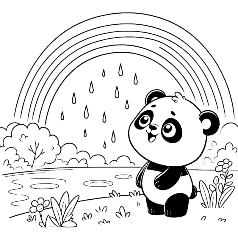 Panda debaixo de um arco-íris, desenho para colorir