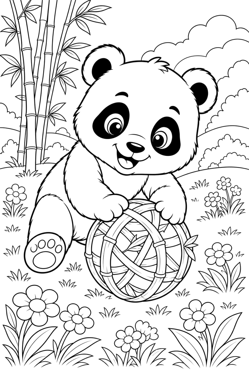 Panda com uma bola de bambu, desenho para colorir
