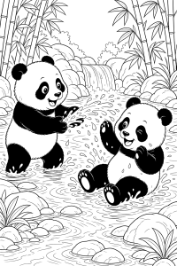 Dois pandas a brincar no rio, desenho para colorir