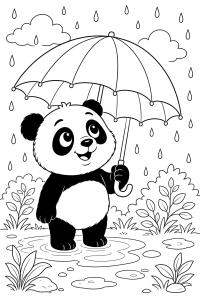 Panda com um guarda-chuva à chuva, desenho para colorir