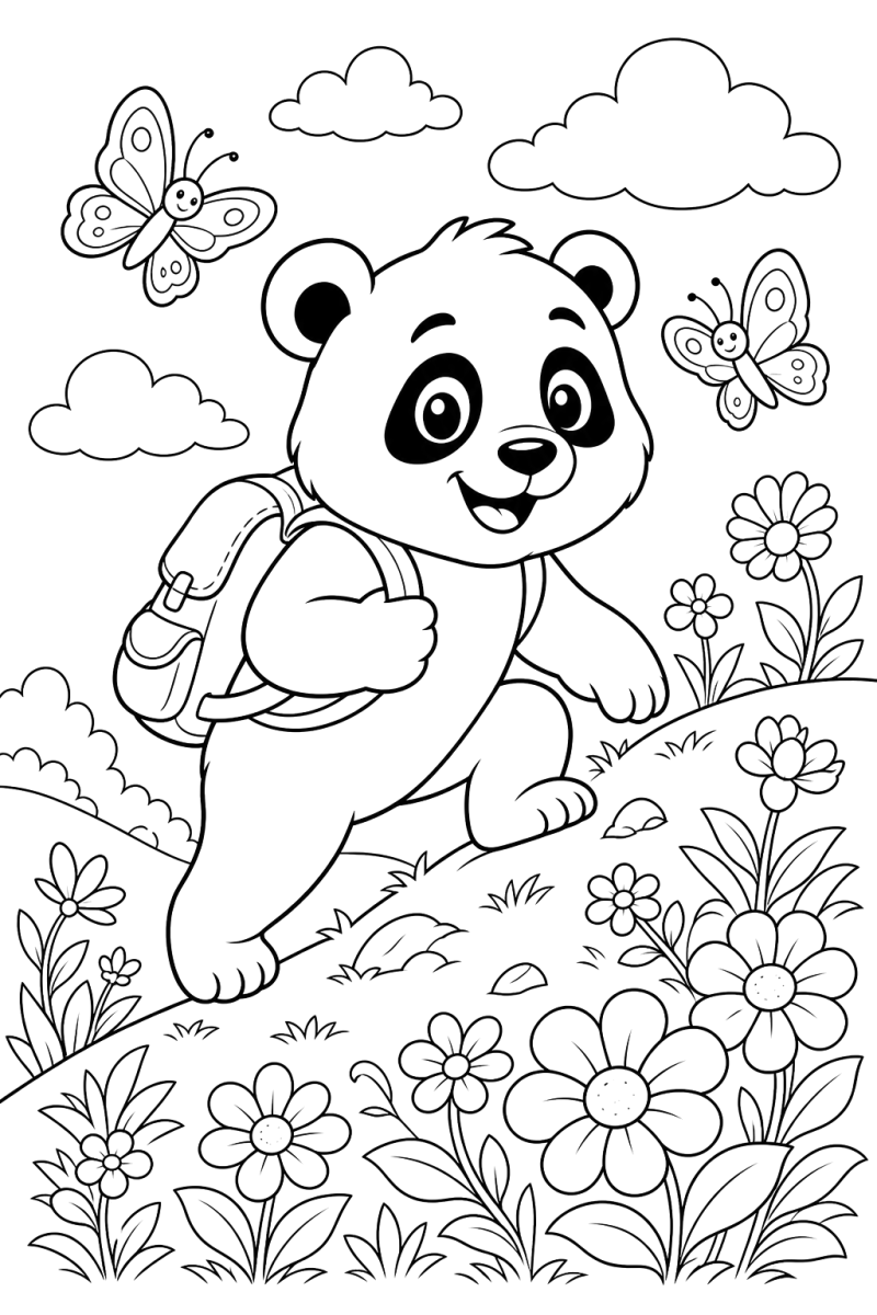 Panda a passear de mochila, desenho para colorir
