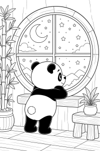 Panda à janela numa noite estrelada, desenho para colorir