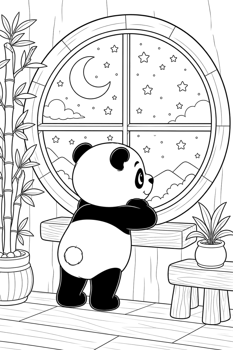 Panda à janela numa noite estrelada, desenho para colorir