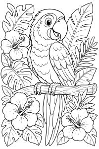 Papagaio entre hibiscos, desenho para colorir