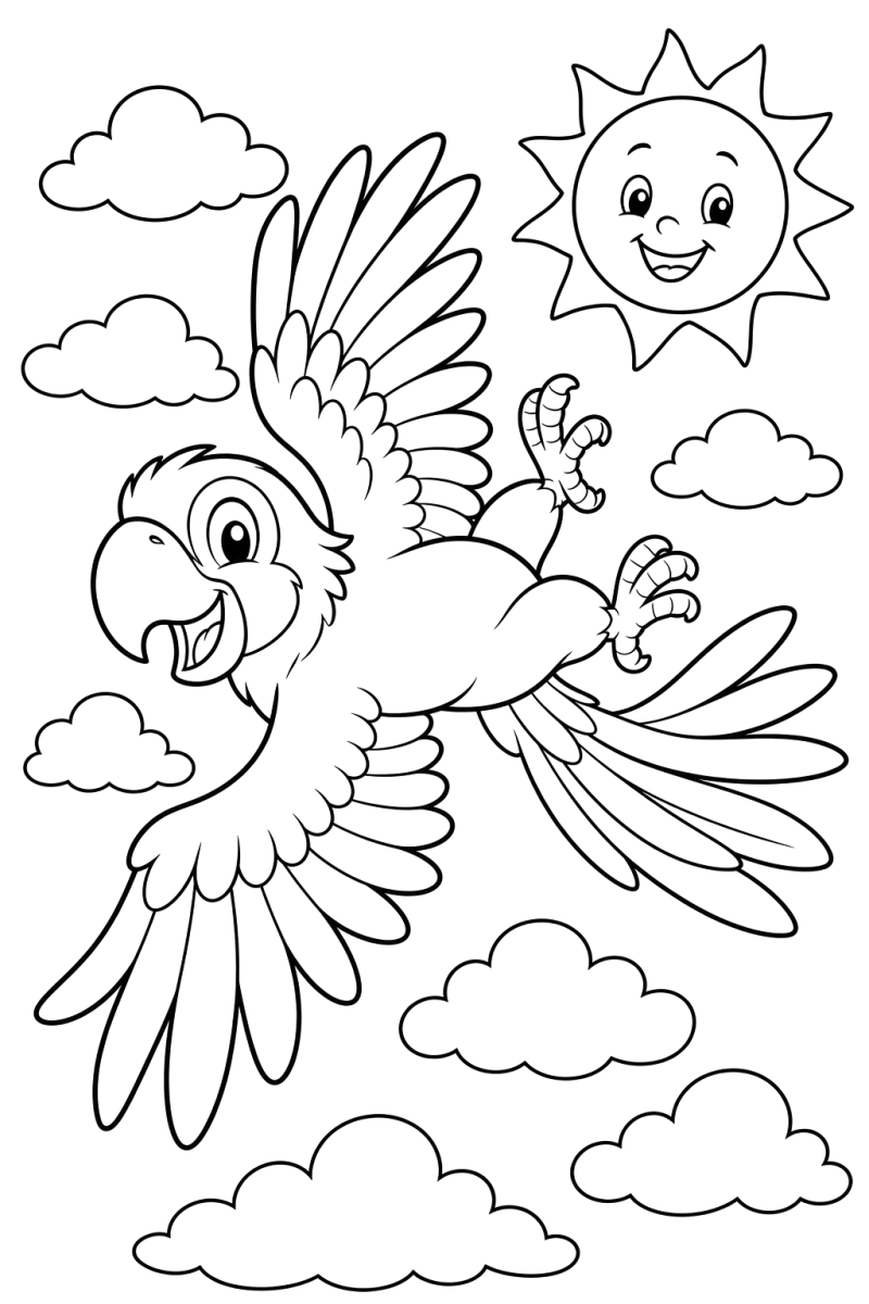 Papagaio a voar entre nuvens, desenho para colorir