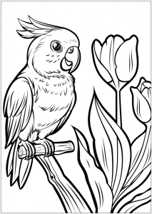 Papagaio num poleiro junto a tulipas, desenho para colorir