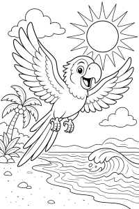 Papagaio a voar sobre a praia, desenho para colorir