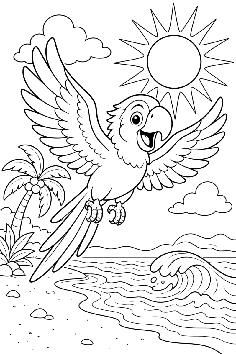 Papagaio a voar sobre a praia, desenho para colorir