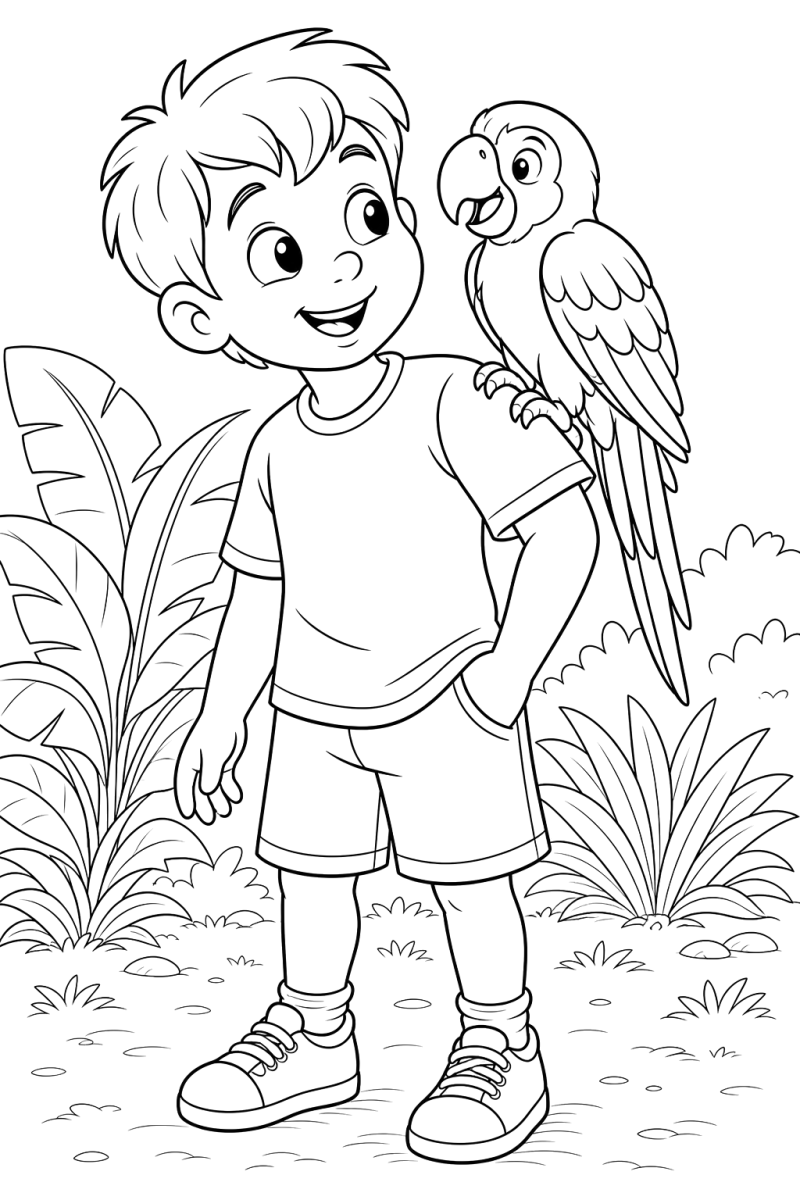 Menino com um papagaio ao ombro, desenho para colorir