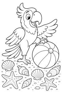 Papagaio com bola de praia e conchas, desenho para colorir