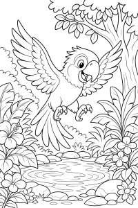 Papagaio a voar na floresta, desenho para colorir