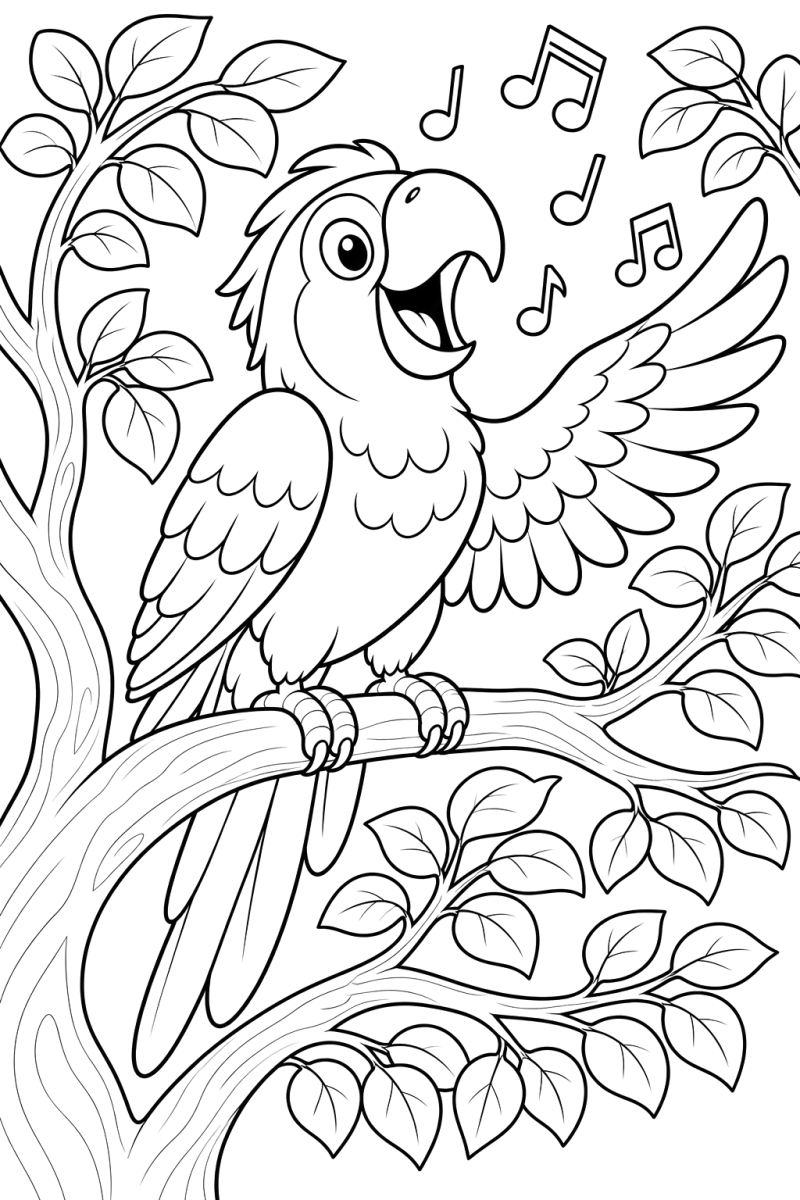 Papagaio a cantar num ramo, desenho para colorir