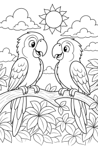 Dois papagaios num ramo ao sol, desenho para colorir