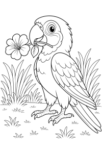 Papagaio com uma flor no bico, desenho para colorir