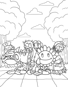 Desenho para colorir de plantas e zombies frente a frente