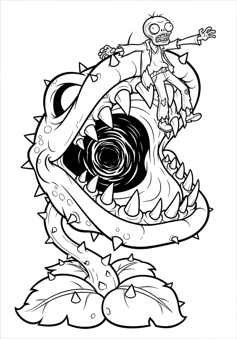 Desenho para colorir de uma planta carnívora gigante com um zombie