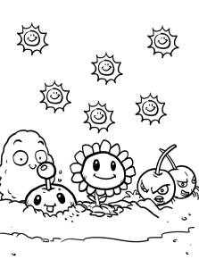 Desenho para colorir de uma noz, girassol e cerejas com sóis