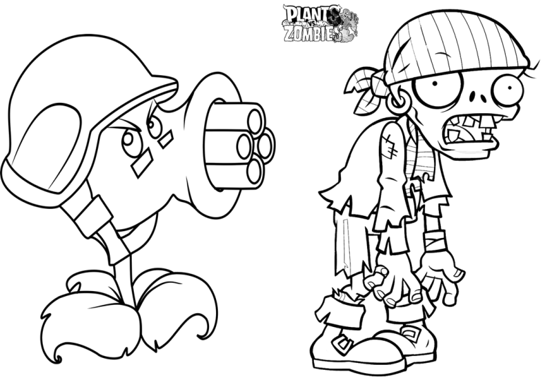 Desenho para colorir de uma ervilha metralhadora e zombie de lenço