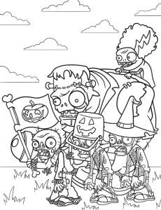 Desenho para colorir de zombies em fila com um zombie gigante