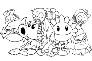 Desenho para colorir de plantas em equipa com zombies atrás