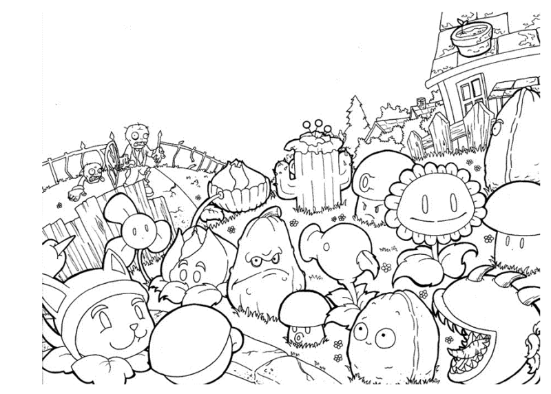 Desenho para colorir de plantas e zombies em grande confusão no relvado