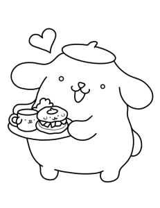 Desenho para colorir de Pompompurin com um tabuleiro de bolos