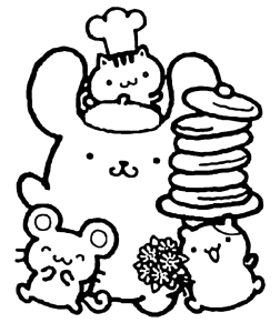 Desenho para colorir de Pompompurin com uma pilha de panquecas e amigos