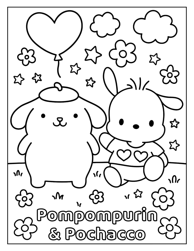 Desenho para colorir de Pompompurin e Pochacco com um balão de coração
