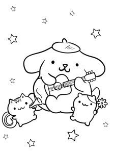 Desenho para colorir de Pompompurin a tocar guitarra com os gatinhos