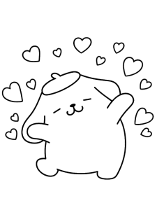 Desenho para colorir de Pompompurin a acenar entre corações