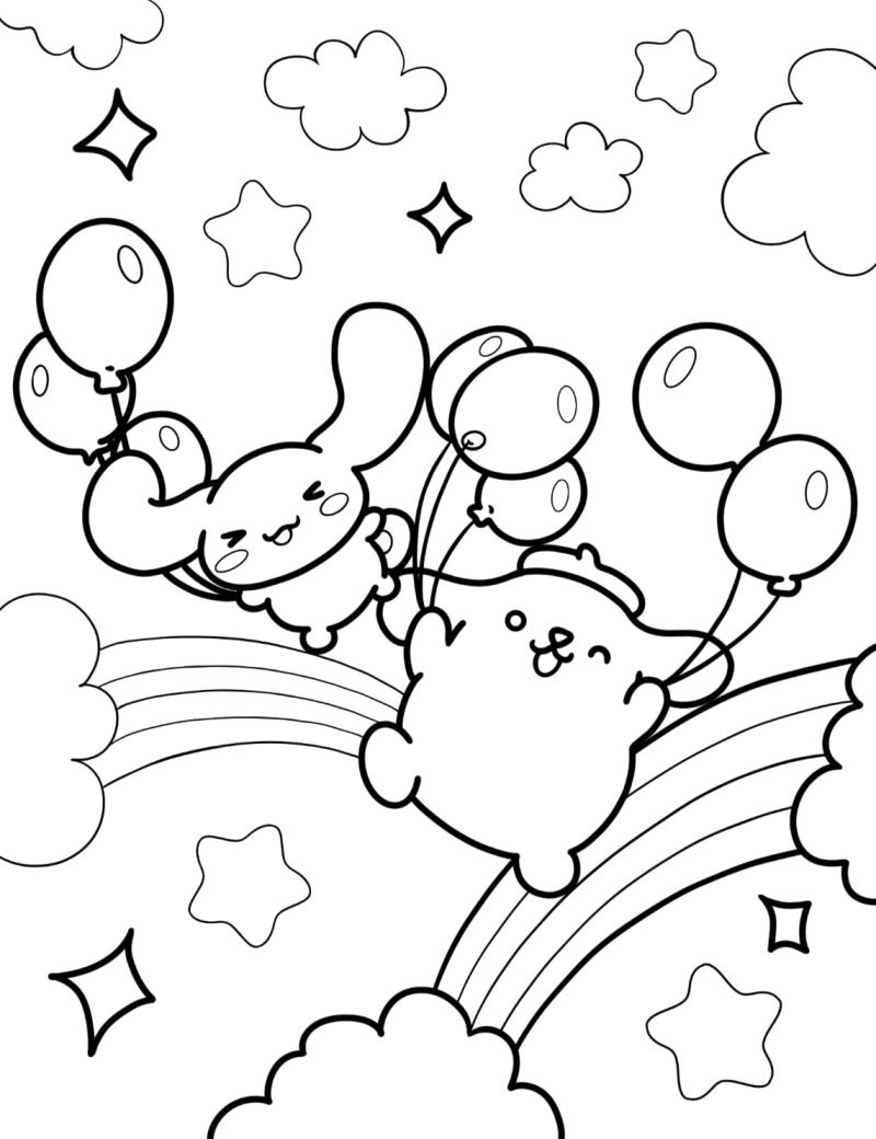 Desenho para colorir de Pompompurin e amigos com balões sobre um arco-íris