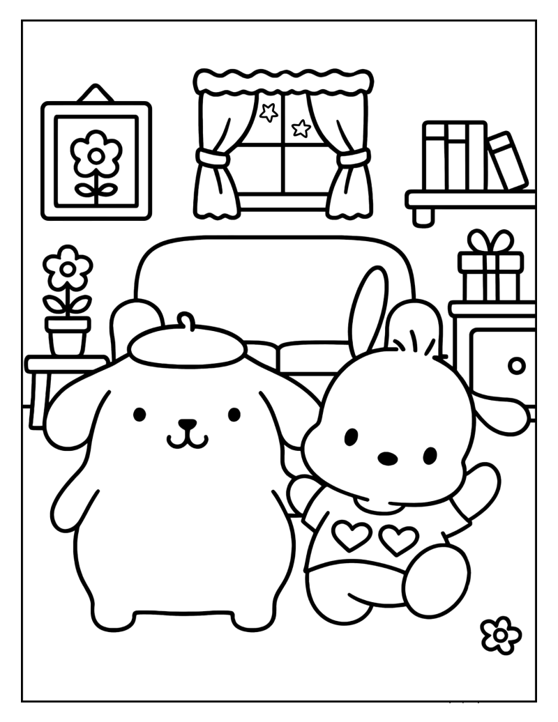 Desenho para colorir de Pompompurin e Pochacco na sala