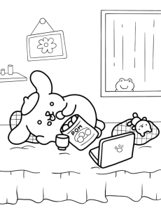 Desenho para colorir de Pompompurin deitado na cama com o portátil