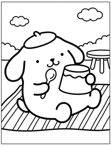 Desenho para colorir de Pompompurin a comer pudim num piquenique