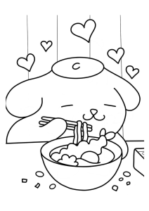 Desenho para colorir de Pompompurin a comer massa numa tigela