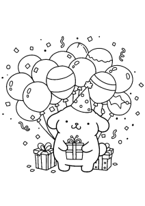 Desenho para colorir de Pompompurin com balões e presentes de aniversário