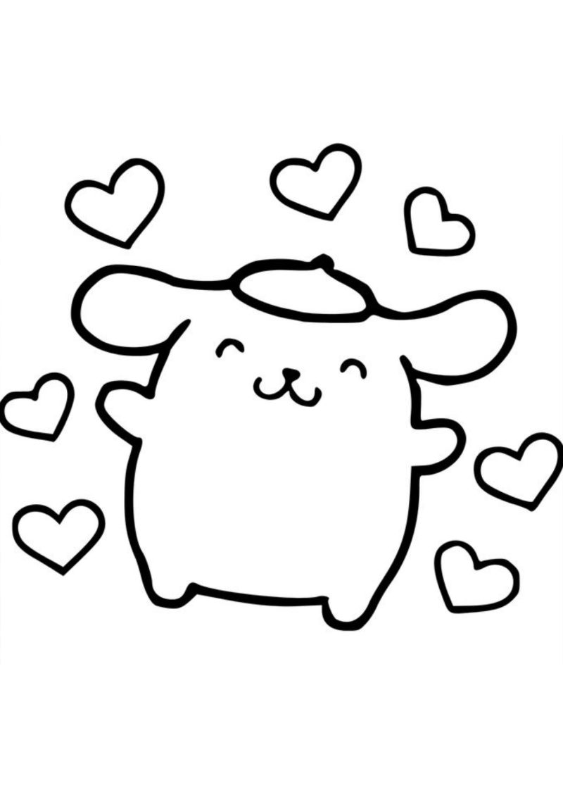 Desenho para colorir de Pompompurin feliz rodeado de corações