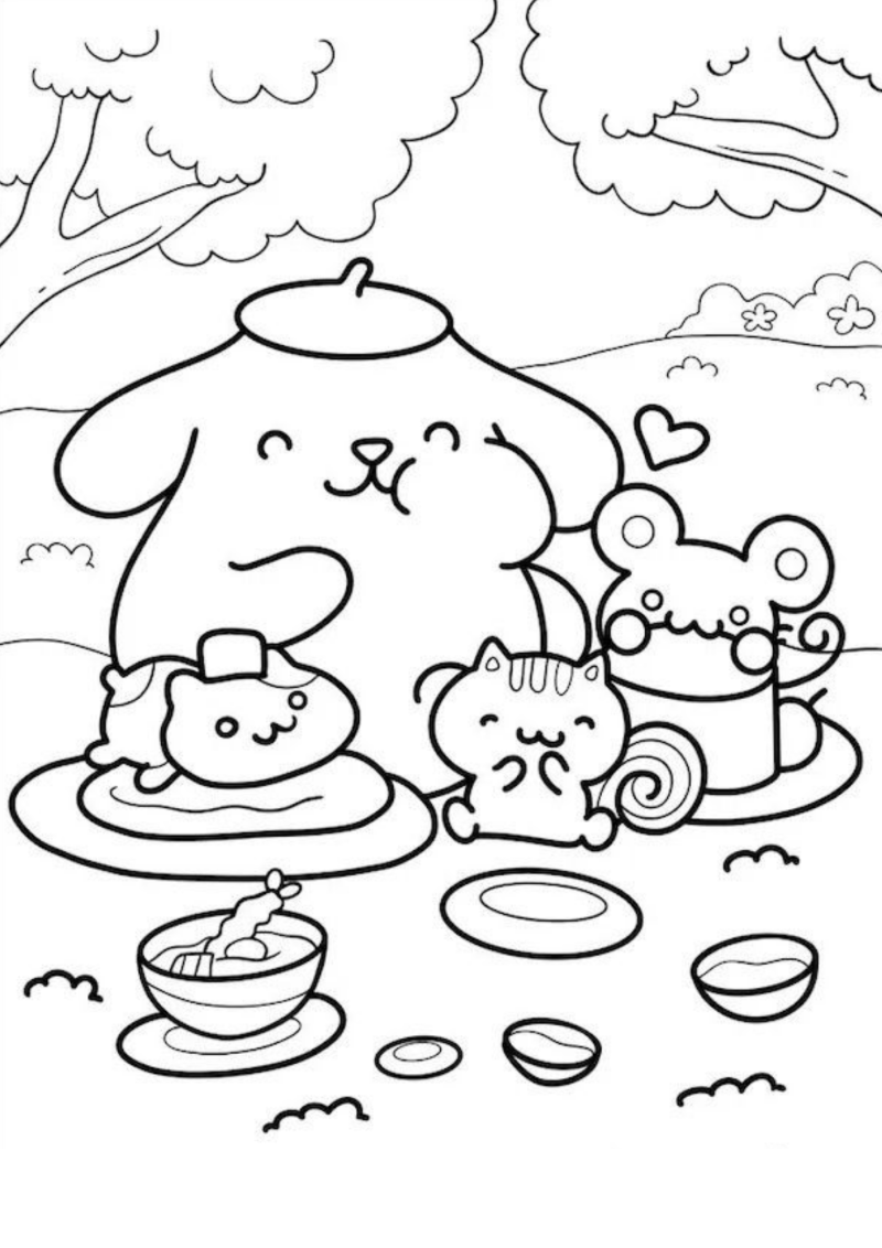 Desenho para colorir de Pompompurin e amigos num piquenique no parque