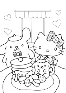 Desenho para colorir de Pompompurin e Hello Kitty a lanchar