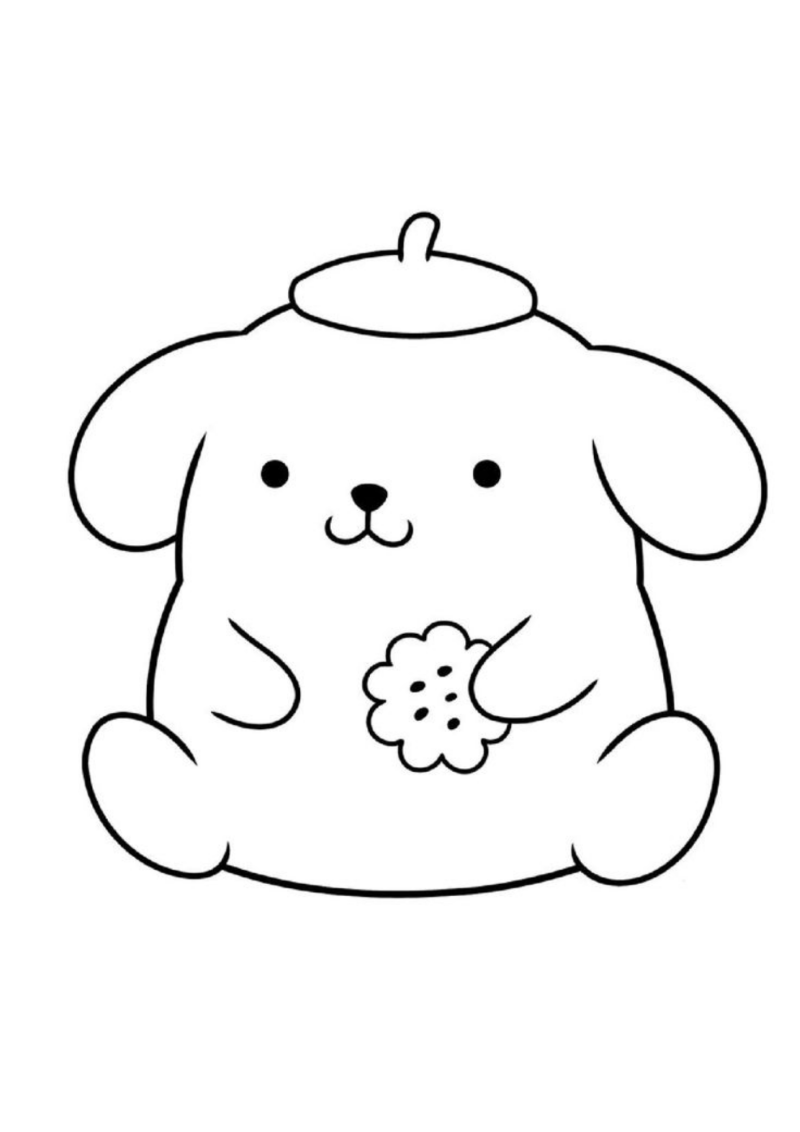 Desenho para colorir de Pompompurin sentado com uma bolacha