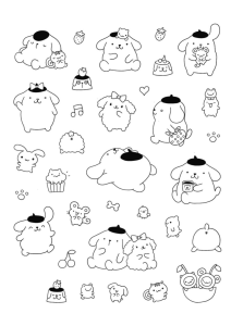Desenho para colorir de uma folha de padrões com vários Pompompurin