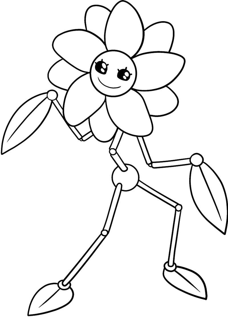 Desenho para colorir de uma flor sorridente com braços e pernas