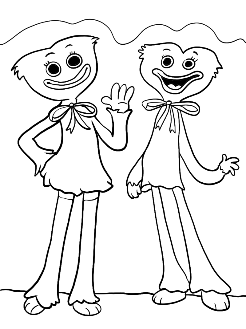 Desenho para colorir de Huggy Wuggy e Kissy Missy a acenar