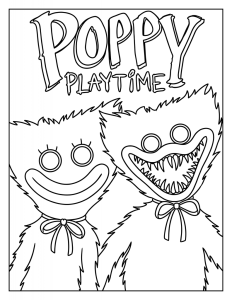 Desenho para colorir de Huggy Wuggy e Kissy Missy com o logótipo