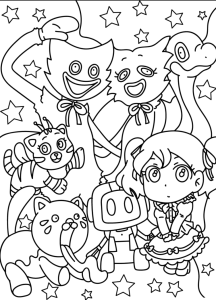 Desenho para colorir de Huggy, Kissy e amigos entre estrelas