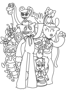 Desenho para colorir das personagens de Poppy Playtime todas juntas
